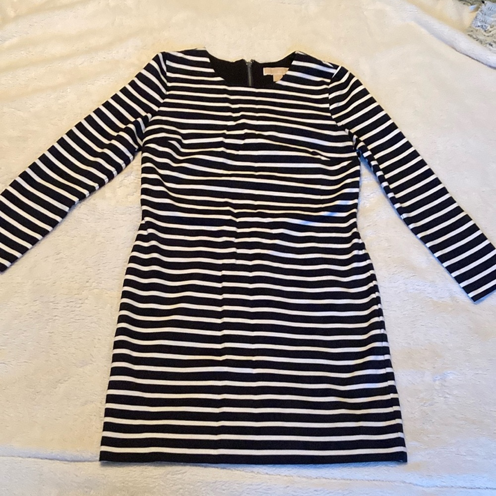 Michael Kors Navy and White Striped Long Sleeve Dress